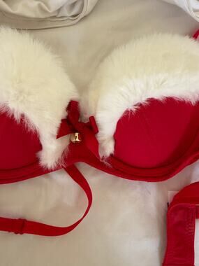 Adore Me Claussa Red Faux Fur Trim Push-Up Bra